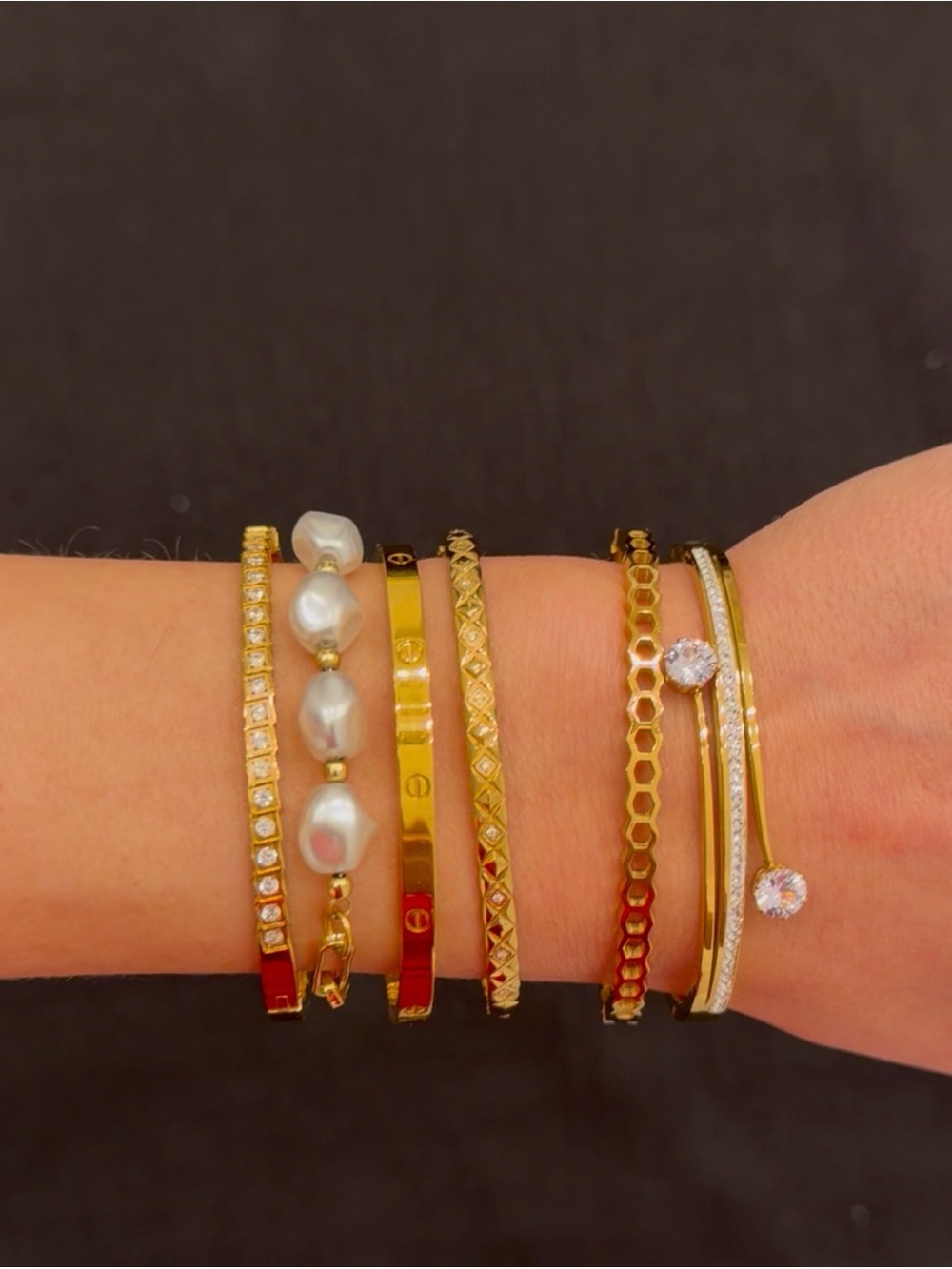 Gold Tone Women's Multi-Stack Bracelet Set with Pearls